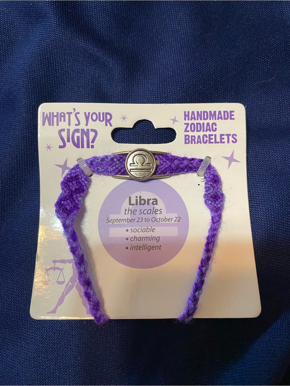 Libra Handmade Zodiac Bracelet - Purple Yarn with Silver Charm